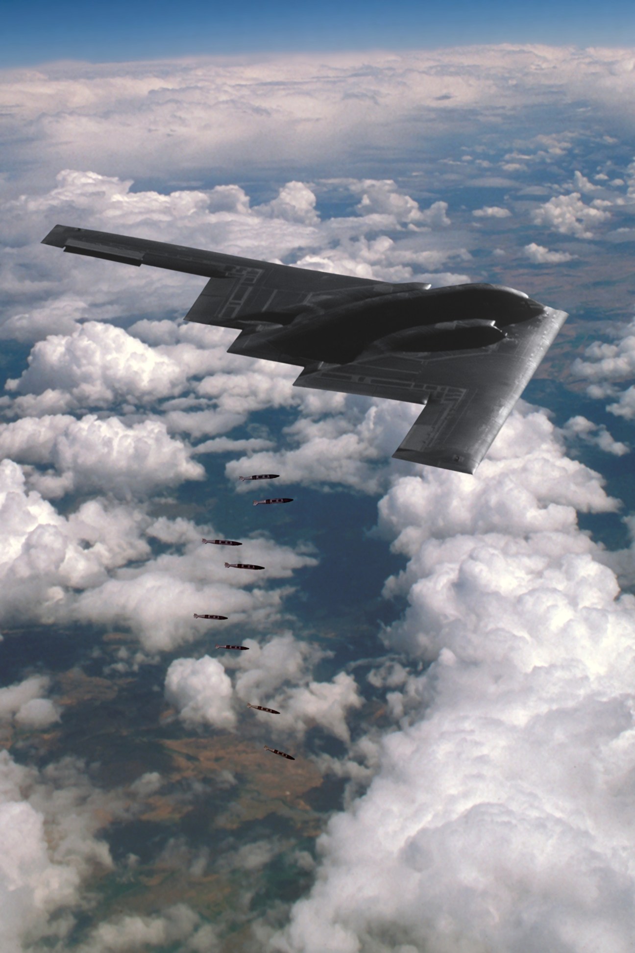 B-2 stealth bomber in flight dropping multiple ordnance over clouds.