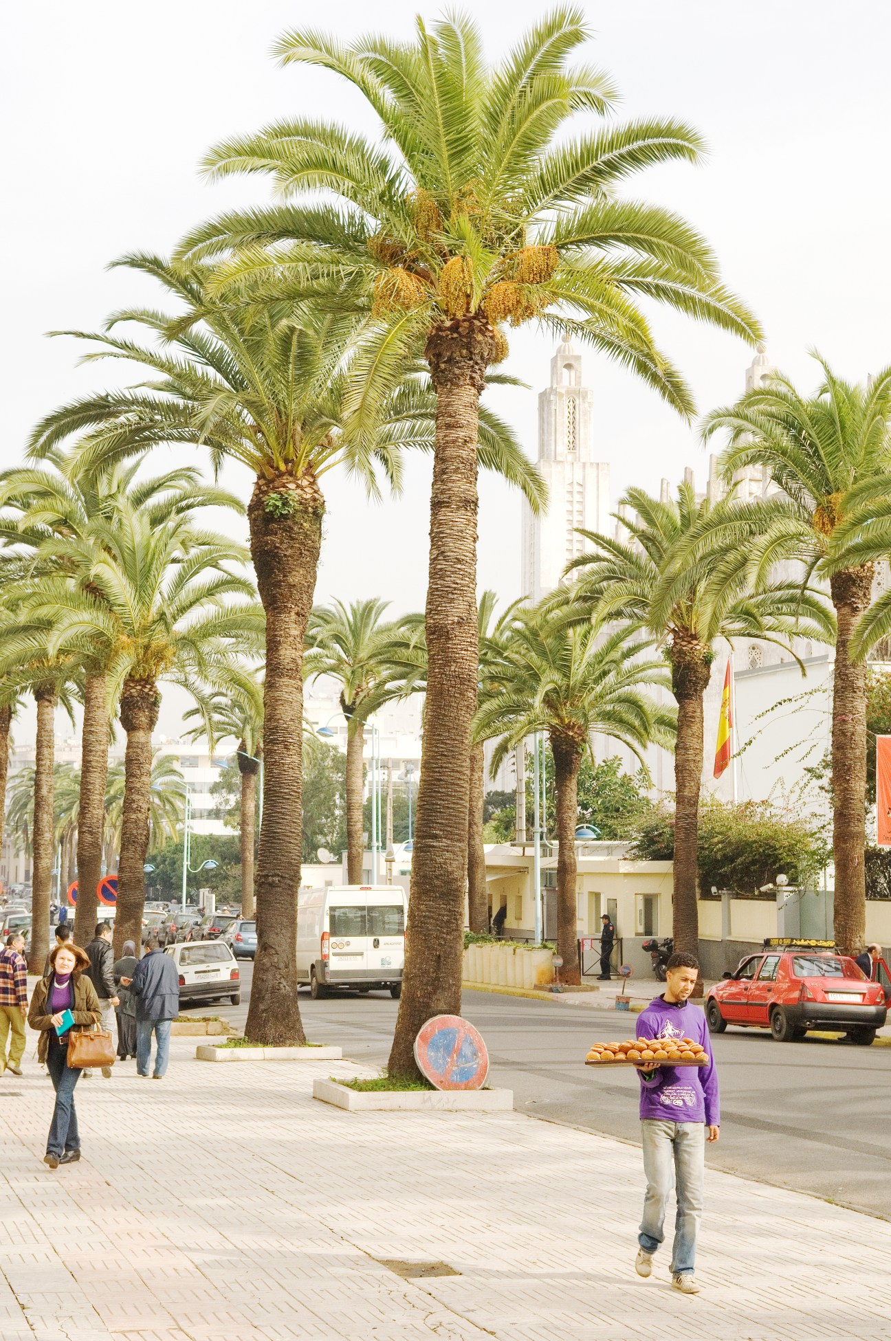 Palm-lined street in Casablanca with pedestrians and colonial architecture visible in the background.