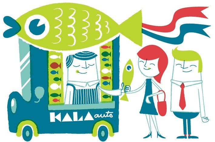 Illustration of a fish-shaped van labeled 'Kala-Auto' with two people standing beside it.