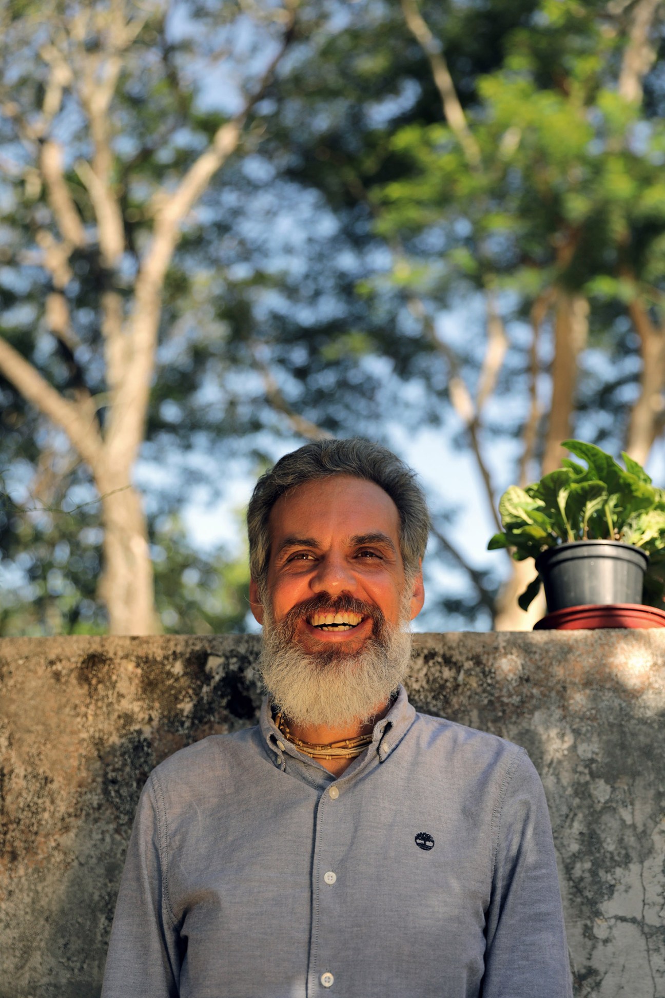 Man with grey beard smiling at camera while leaning against concrete wall with potted plant and trees behind.