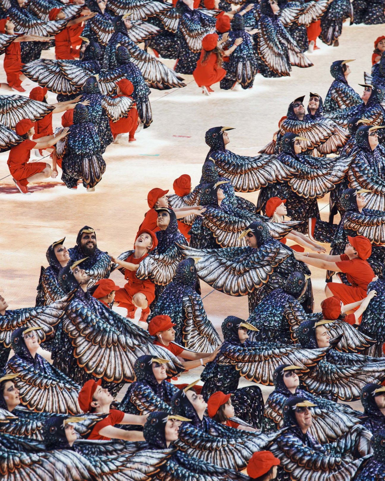 Performers in elaborate blue and red bird costumes with detailed wing designs on an arena stage.
