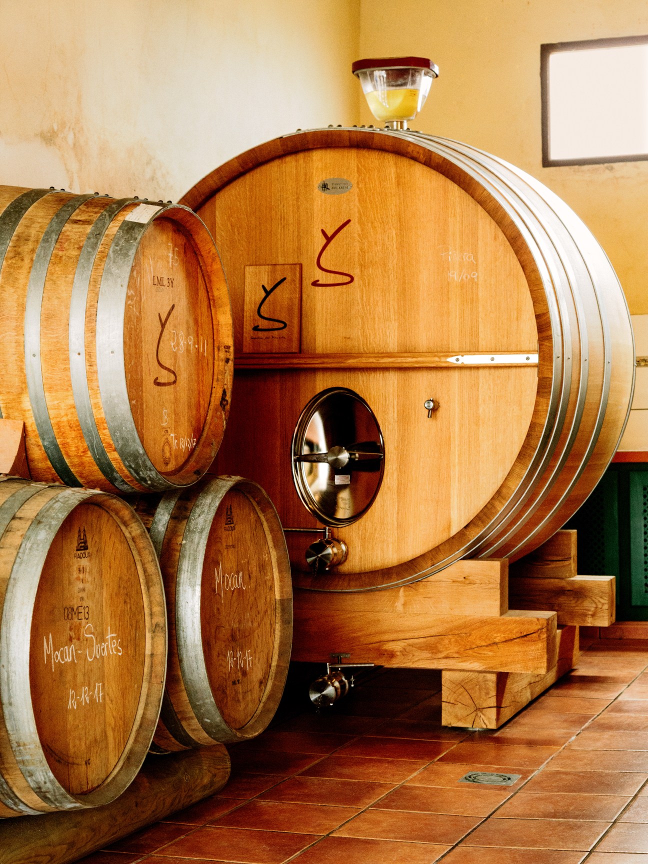 Large wooden wine barrels with metal bands inside a winery at Suertes del Marqués in Tenerife.