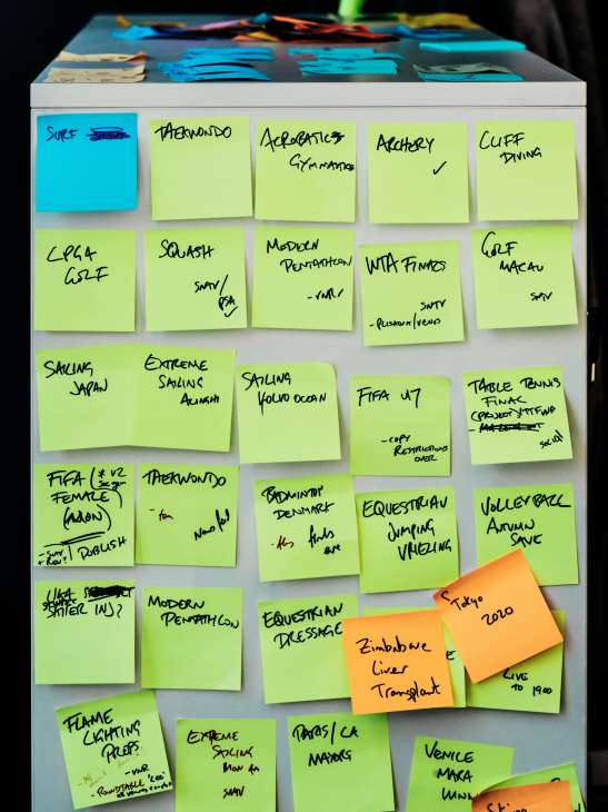 Planning board with handwritten sticky notes organizing Olympic sports and events.