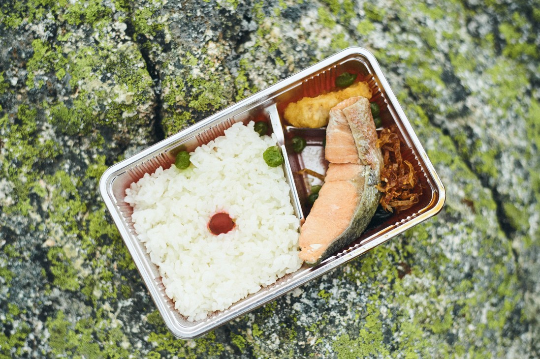A bento box lunch with rice, grilled fish, and vegetables on a lichen-covered rock.