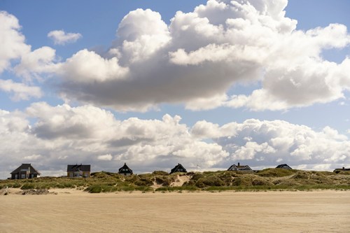 Beach houses with thatched roofs line the sandy dunes under a cloudy sky on Fanø island