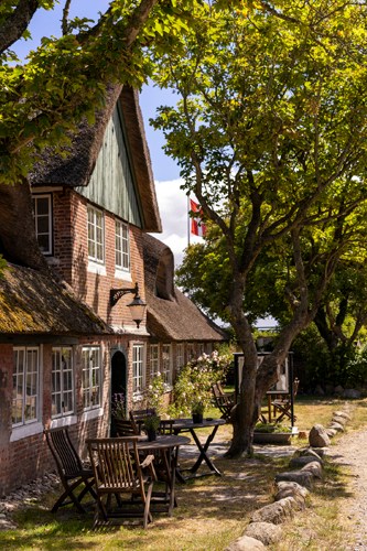 Traditional thatched-roof building with outdoor dining area under leafy trees at Sønderho Kro