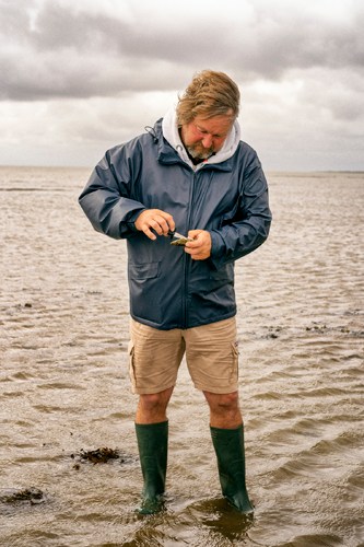 Person in navy jacket and green wellington boots examining something in their hands on sandy beach