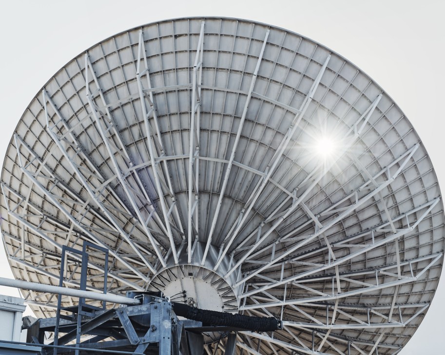 Large satellite dish structure at CBS Television City used for broadcasting game show productions.