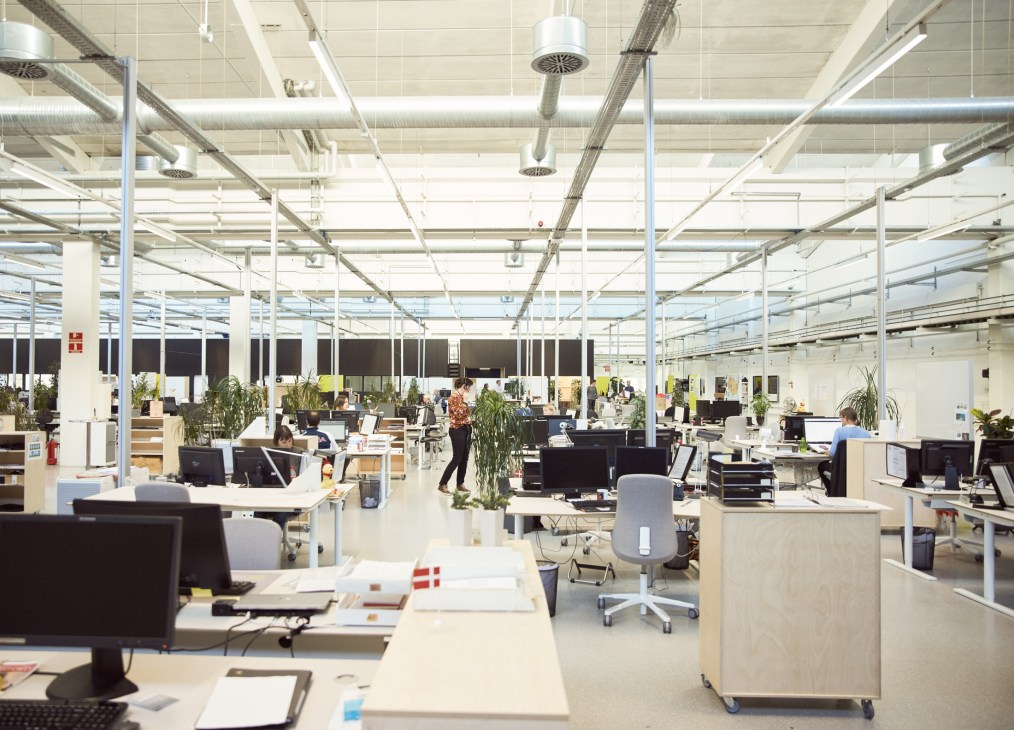 Open-plan office space in Bang & Olufsen's Innovation Lab with workers at desks, plants, and industrial ceiling design.