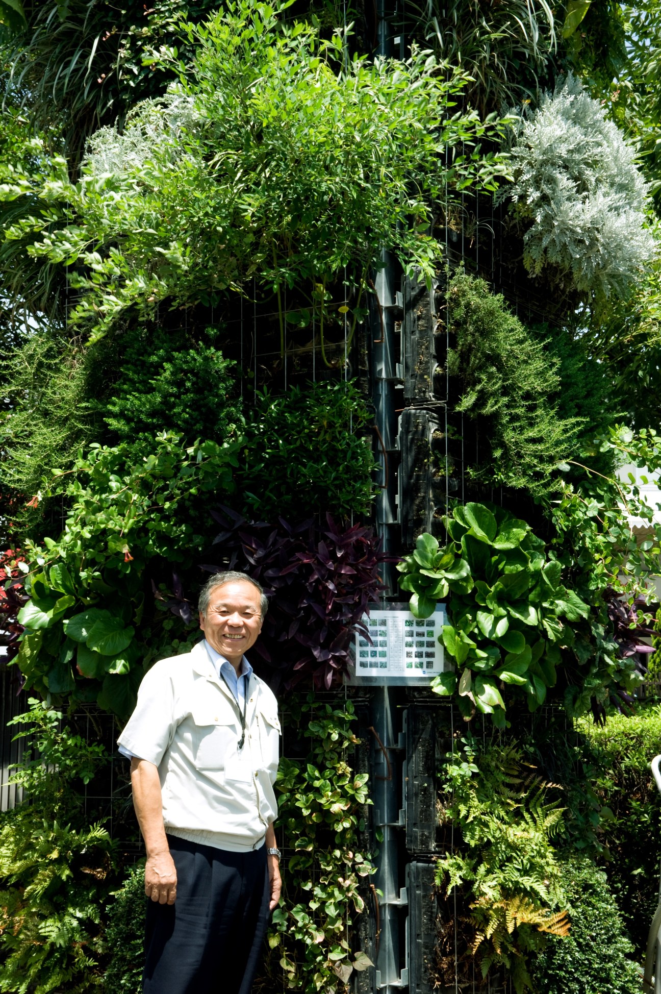 Shinichi Kikuchi stands in front of a vertical garden wall covered with lush green plants and foliage.