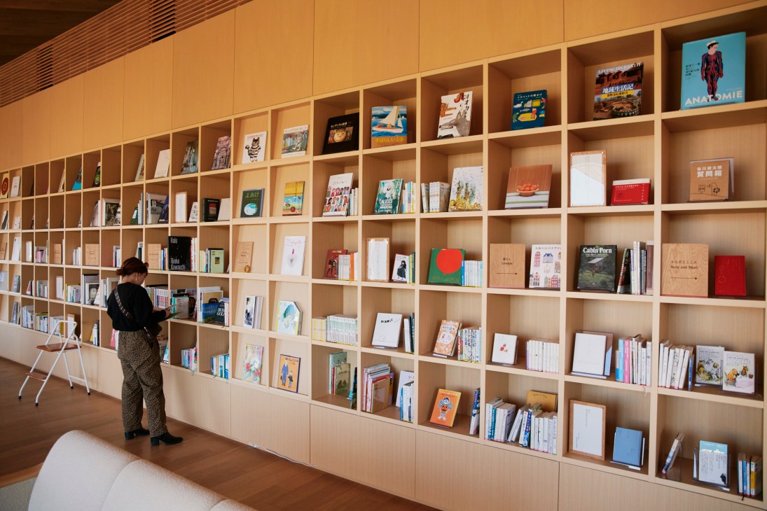 Person browsing books on floor-to-ceiling wooden shelving system in modern library with step ladder