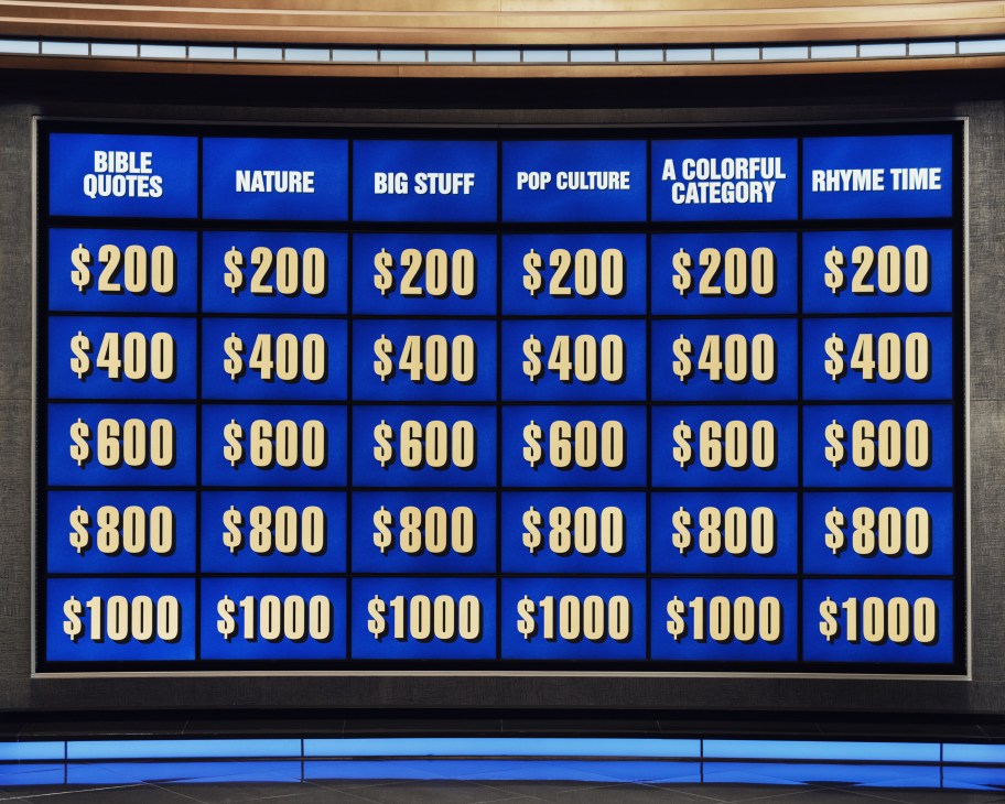 Jeopardy! game board displaying six categories and five dollar value tiers from $200 to $1000