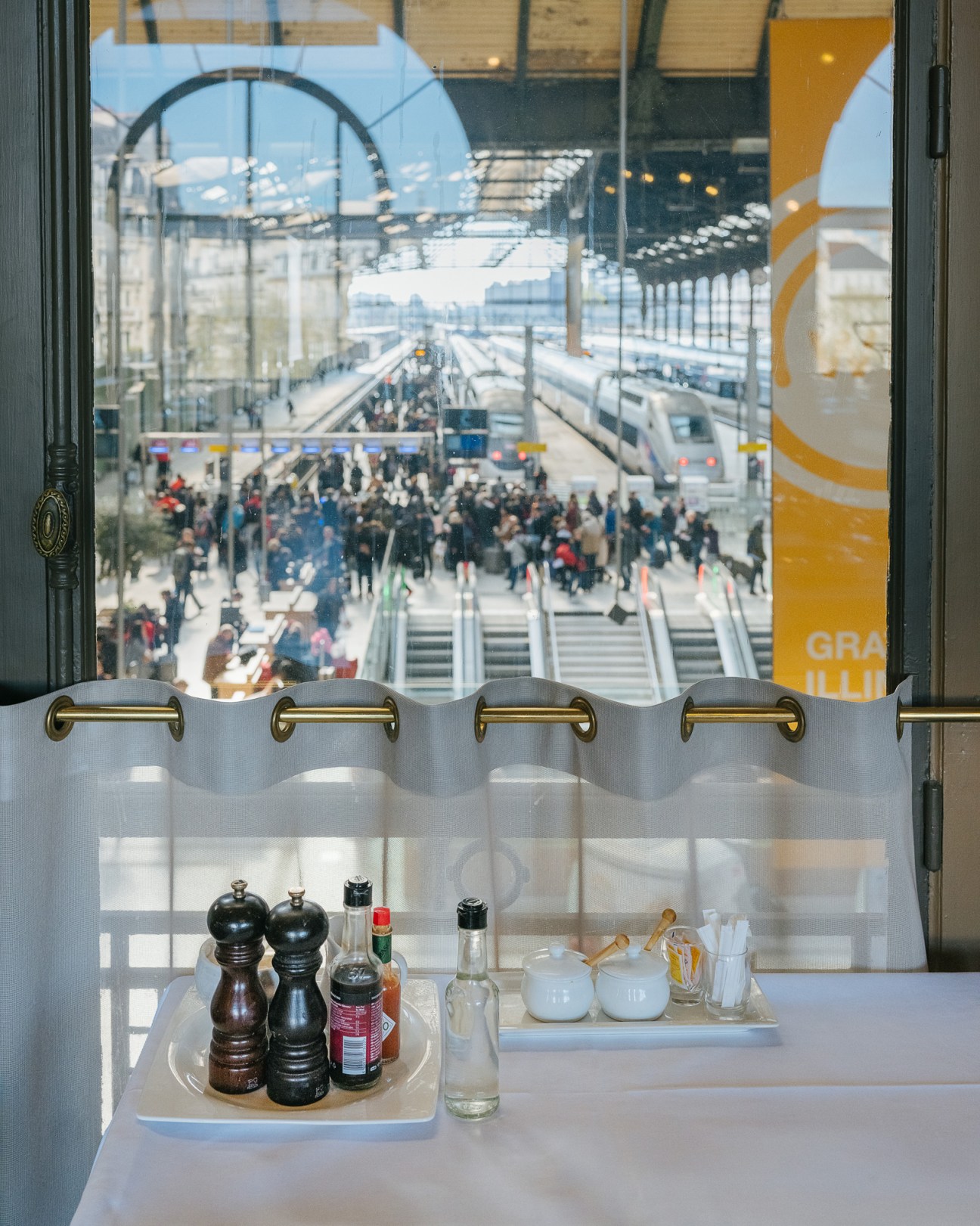 View from Le Train Bleu restaurant window overlooking Gare de Lyon with trains and crowd below.
