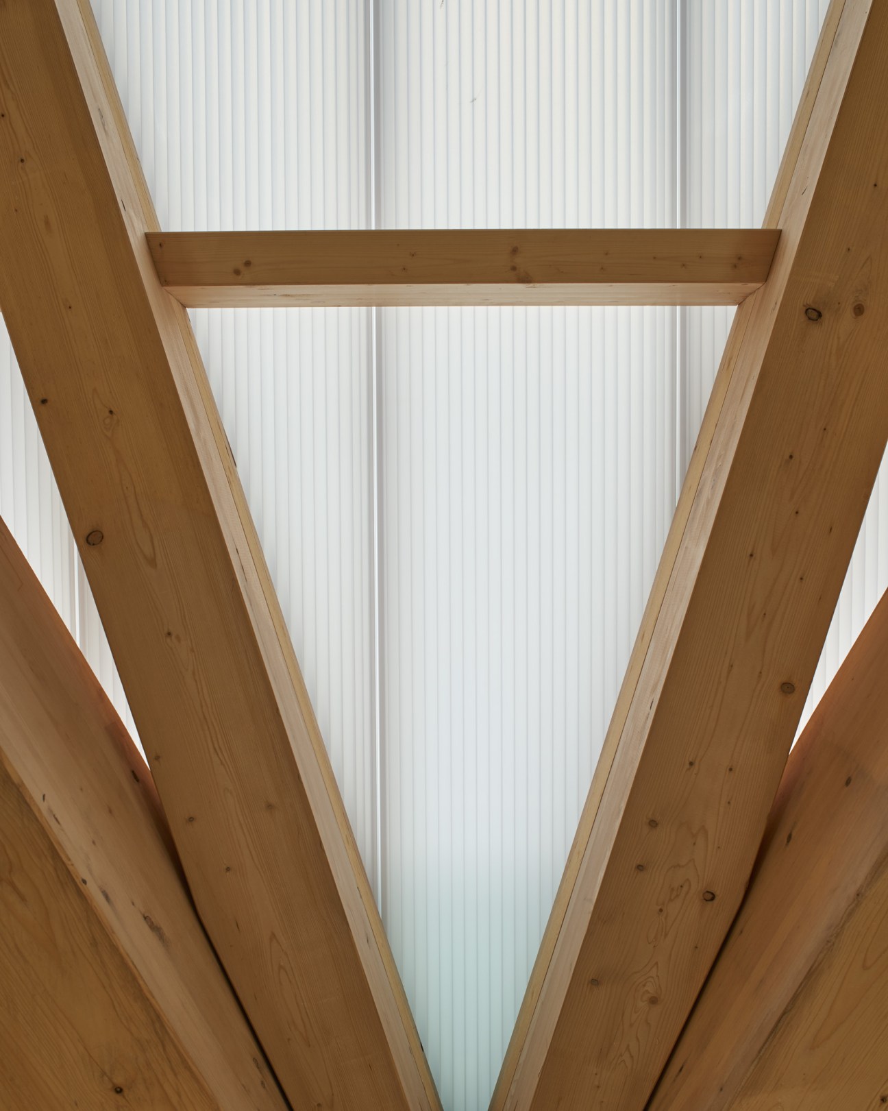 Wooden beam structure with white corrugated metal ceiling in Hockey Club Davos's training hall