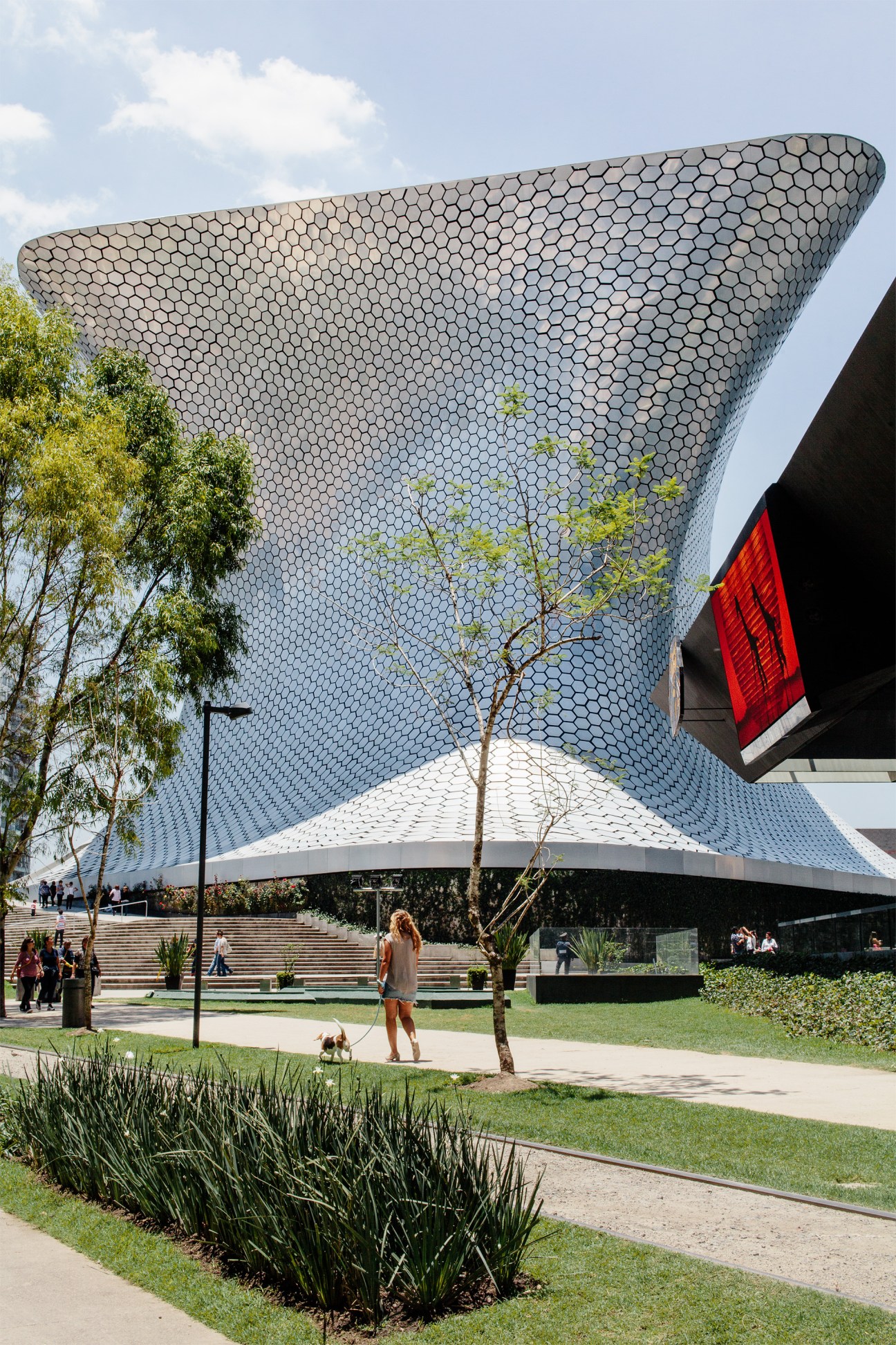 Museo Soumaya's curved white hexagonal facade with a person walking nearby in Mexico City.
