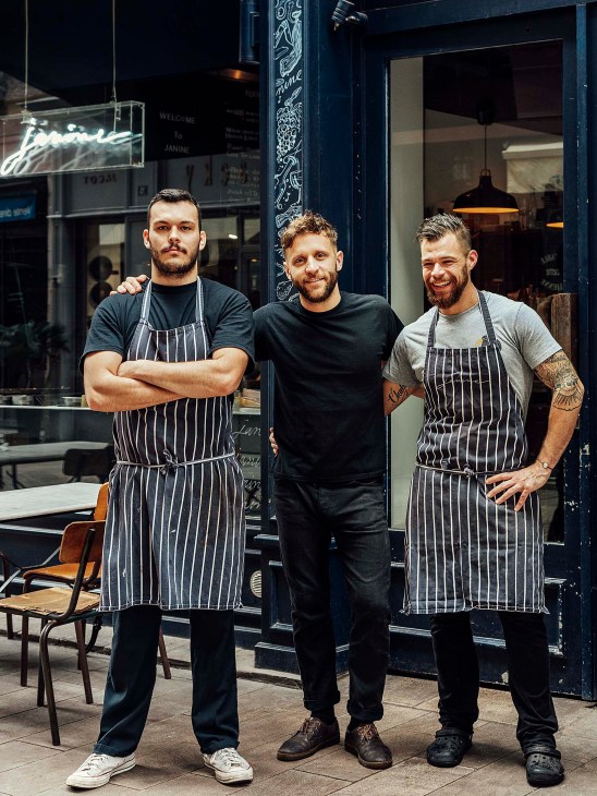 Chef David Legeay and his team outside restaurant Janine in Bayonne
