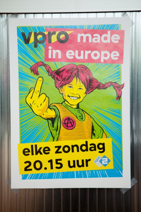 Colorful VPRO 'Made in Europe' poster featuring an illustrated child with pink hair and yellow skin making a defiant gesture.