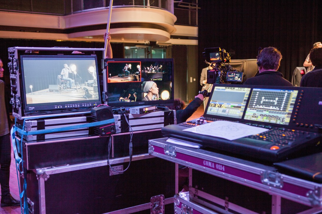Television production crew monitoring multiple screens during Free Sounds studio recording in Utrecht.
