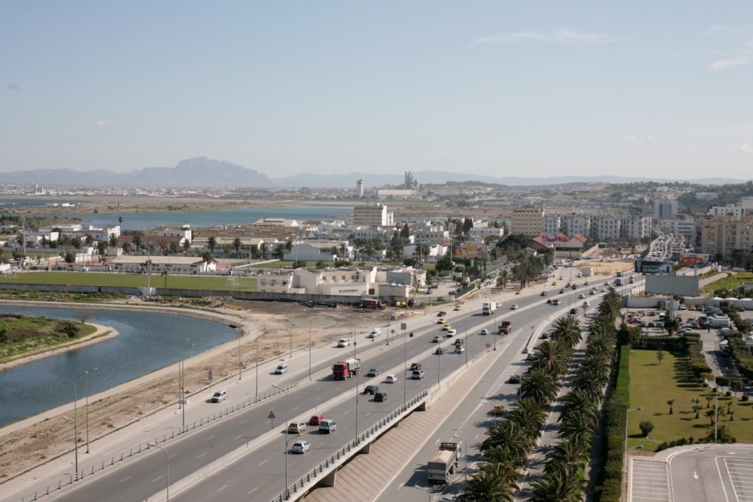 Aerial view of Tunis showing new flyovers, palm-lined streets, Lake Tunis, and surrounding cityscape.