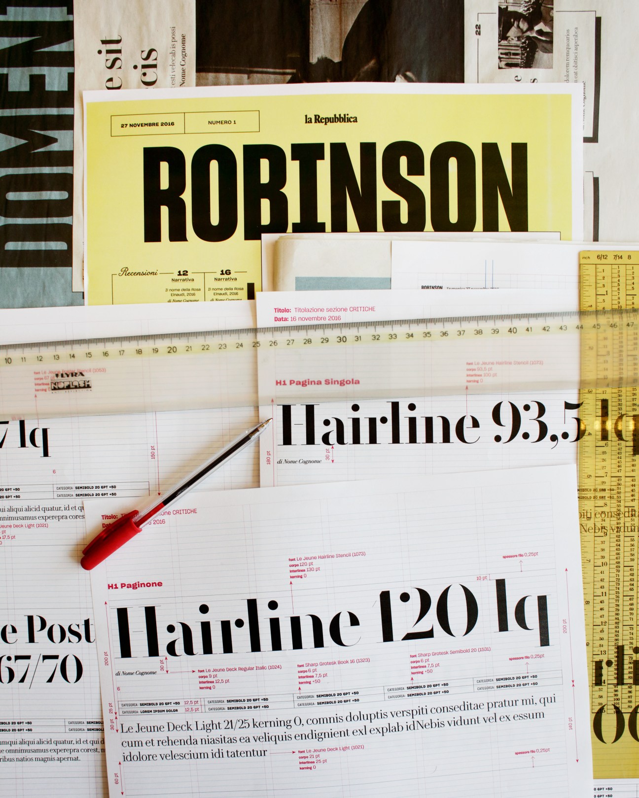 Design mockups for La Repubblica's Robinson insert showing typography, layout templates, and a yellow cover with the title 'Robinson' in bold black letters.
