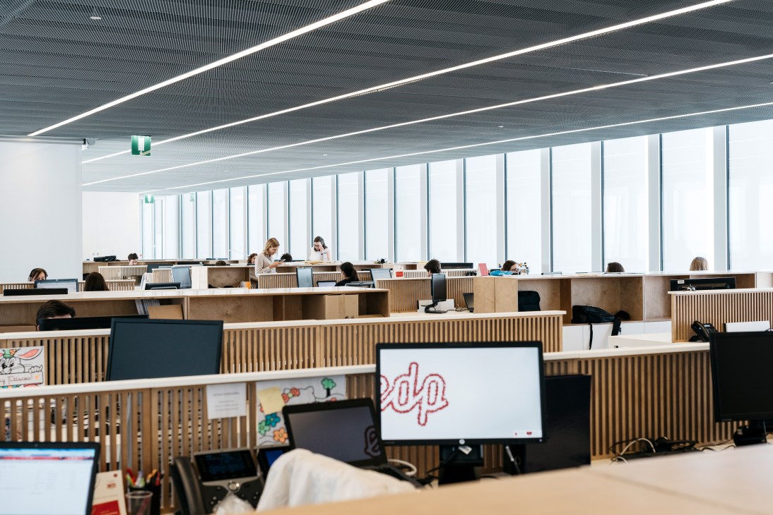 Open-plan office with wooden lattice desk separators, natural light from floor-to-ceiling windows, and employees working at computers.
