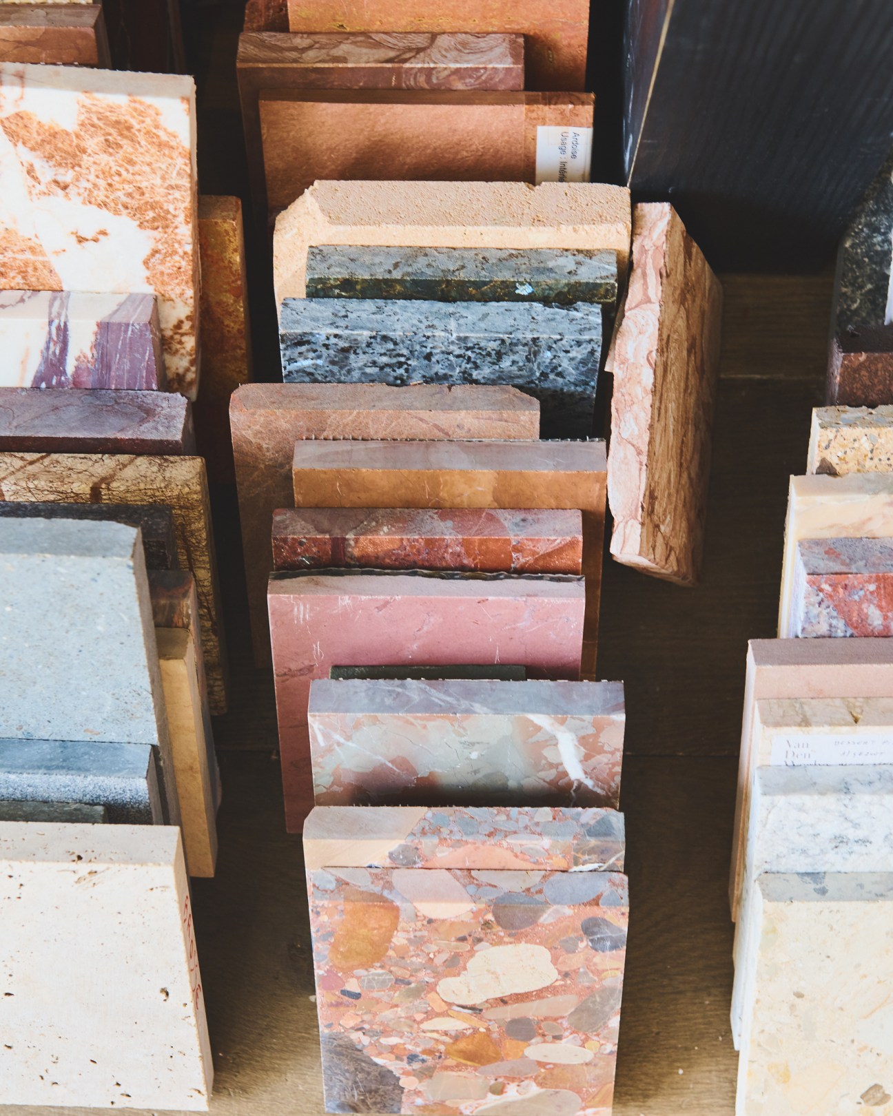 Assorted stone and material samples displayed at Pierre Yovanovitch's design studio.