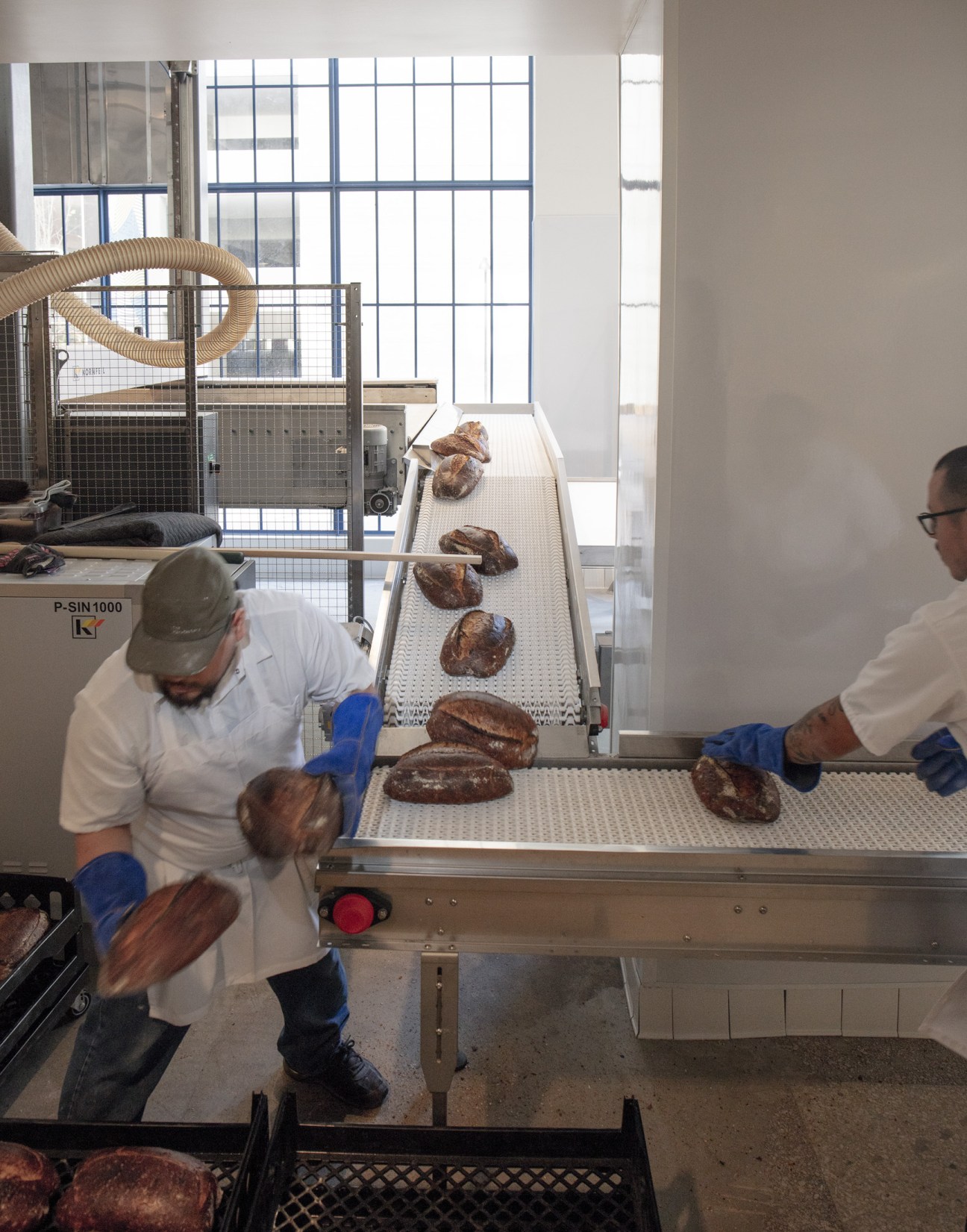 Bakers in white uniforms and blue gloves arrange fresh-baked bread loaves on a conveyor belt in The Manufactory's industrial kitchen.