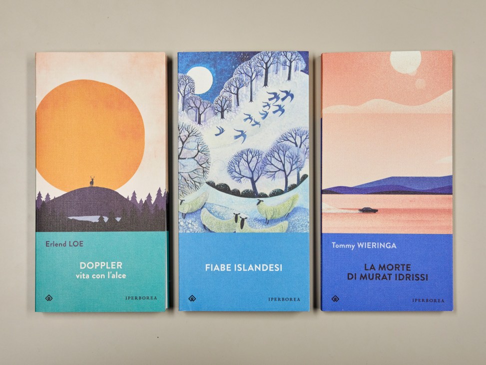 Three Iperborea book covers displayed side by side featuring illustrated designs with Nordic themes