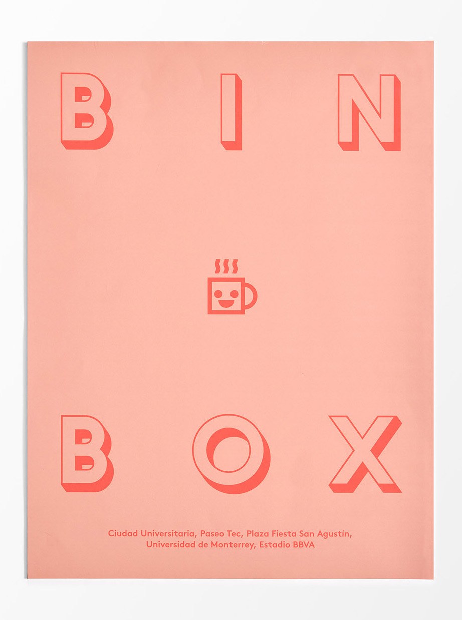 Pink poster with coral-colored outlined typography reading 'B IN BOX' and a smiling coffee cup icon, promoting a Monterrey coffee shop.