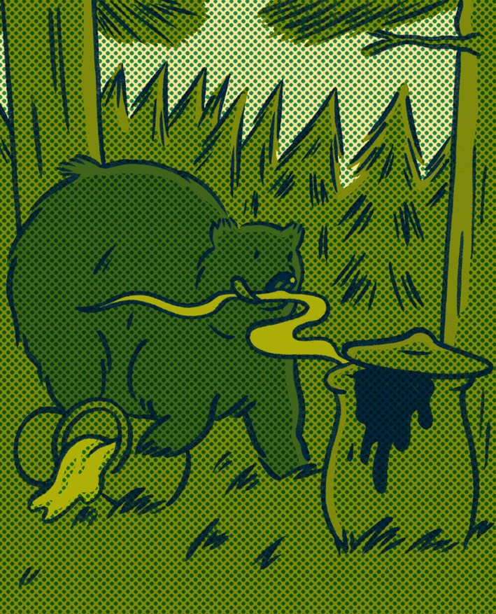 Illustration of a bear and snake in a forest with yellow and dark blue lines on green background.