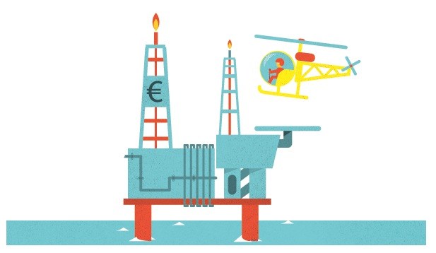Illustration of an offshore oil platform with drilling towers, a euro symbol, and a helicopter.