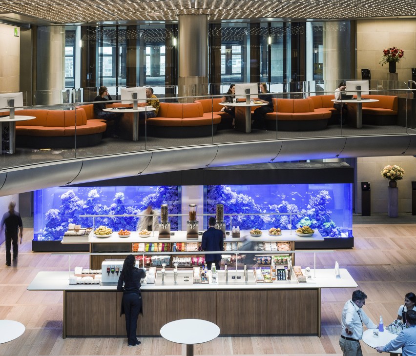 Bloomberg's sixth-floor Pantry with orange seating booths, aquarium display, and modern office workspace with natural light.