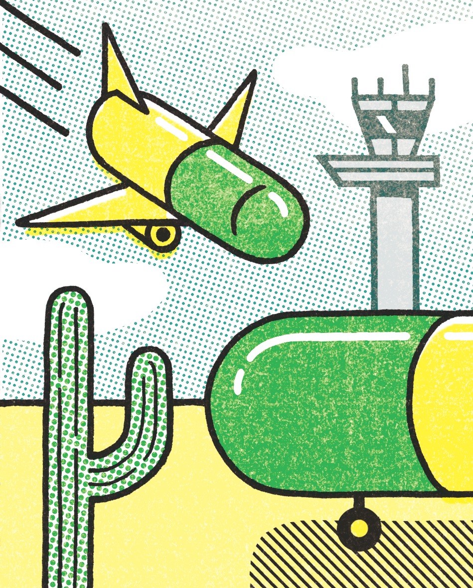 Illustration of a plane, control tower, cactus, and pharmaceutical bottle representing Mexico's drug trade and border commerce.