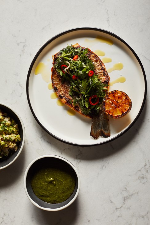 Grilled sea bass fillet topped with fresh herbs and chili on a white plate with sauce drizzle.