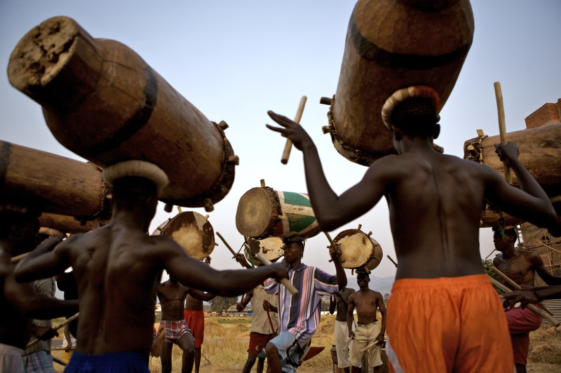 Drummers rehearse with large traditional drums on the outskirts of Bujumbura.