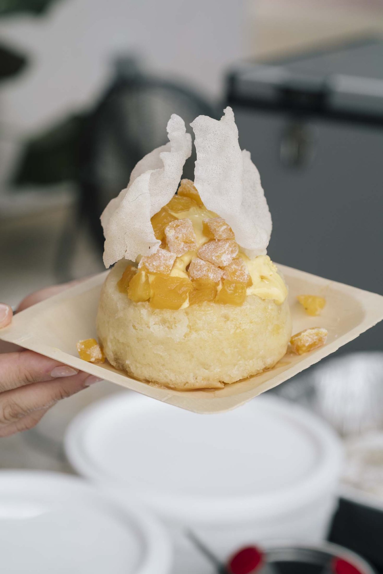 Hand holding a cream-colored dessert topped with meringue and candied fruit pieces.