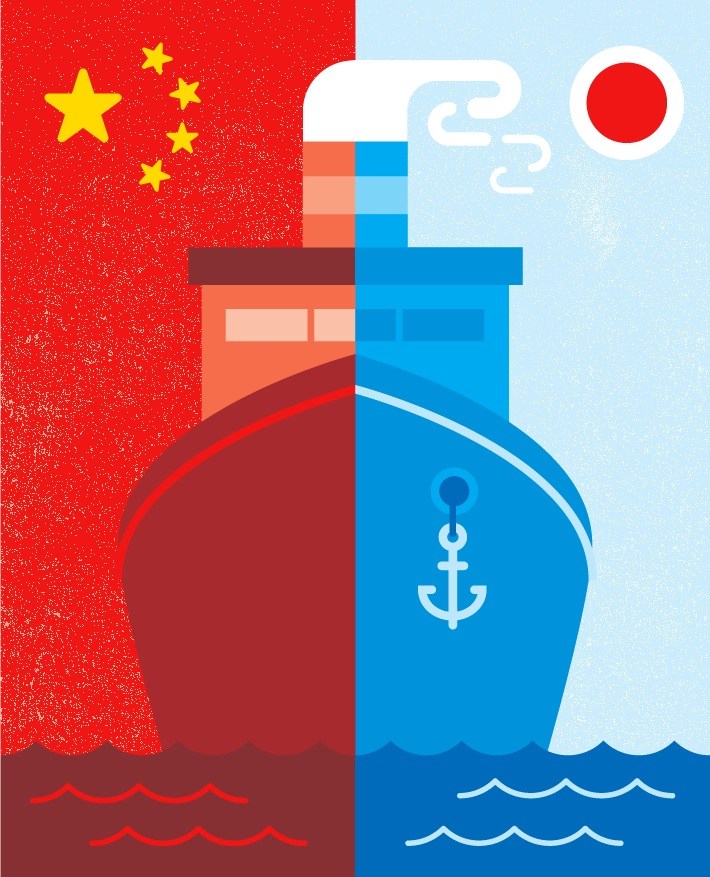 Illustration depicting China and Japan facing off across waters with maritime and national symbols.