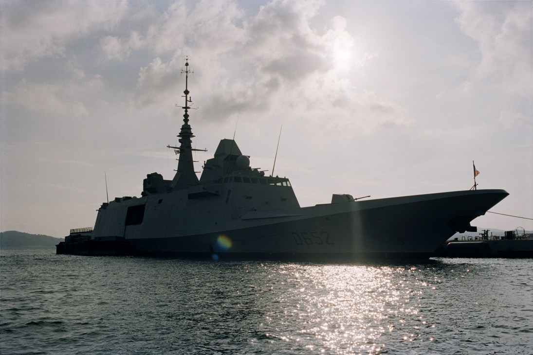 French Horizon-class anti-aircraft destroyer Chevalier Paul anchored in Toulon harbour with support vessel.