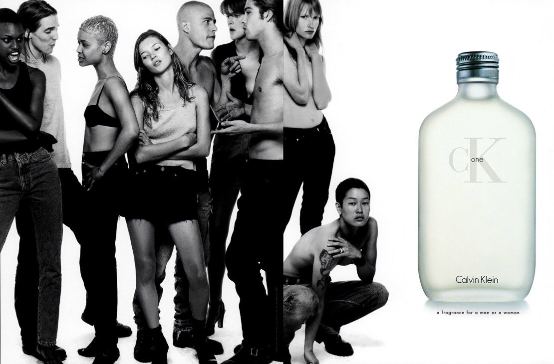 Black and white CK One fragrance campaign featuring diverse models with a Calvin Klein bottle.