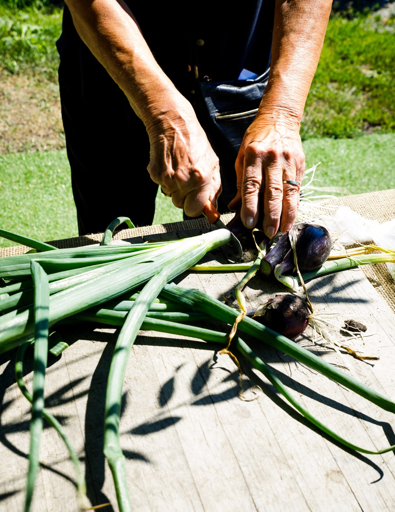 Hands trimming fresh spring onions on a wooden surface outdoors