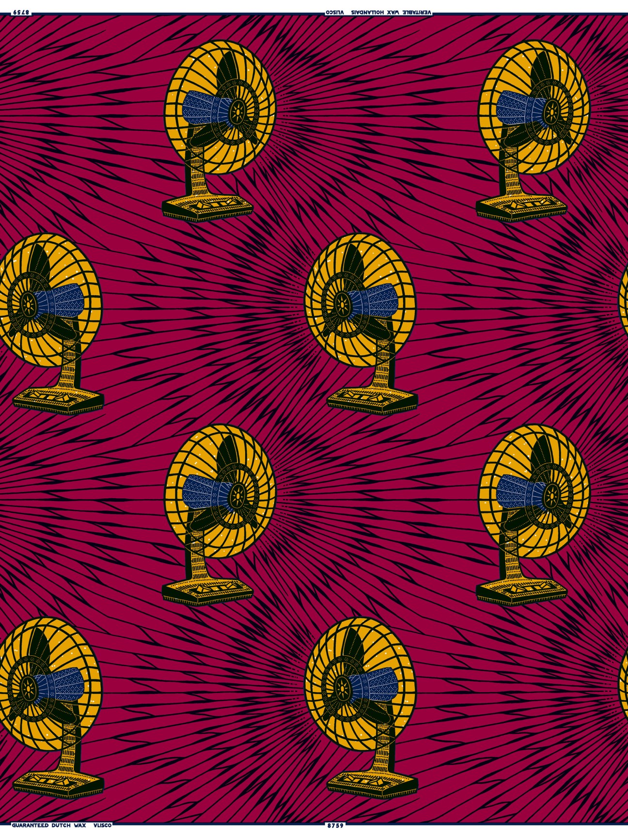 Vlisco wax-printed fabric featuring a repeating pattern of yellow and blue electric fans on a magenta background with linear details.