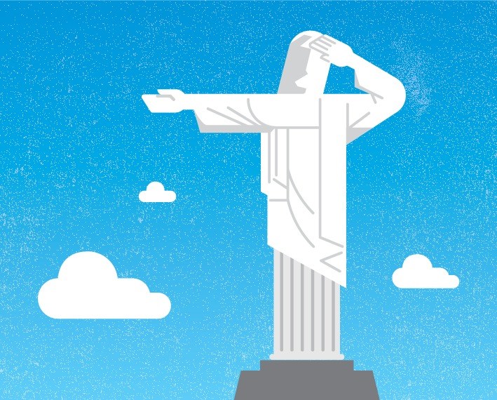 Illustration of Christ the Redeemer statue against a blue sky with white clouds.