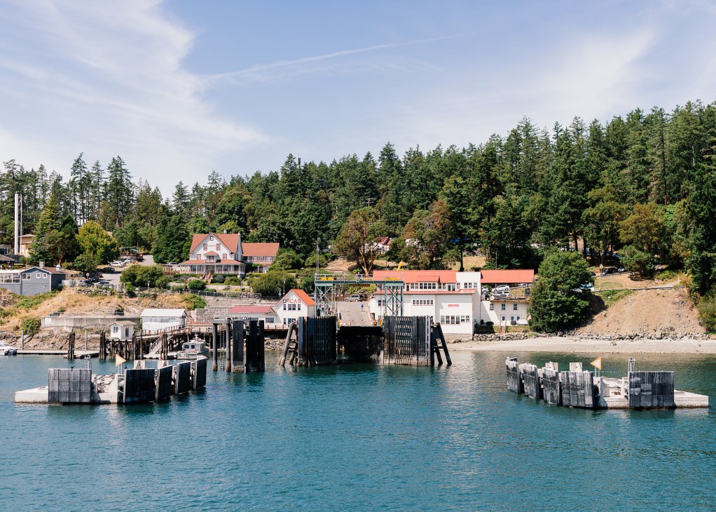 Ferry dock with wooden pier structures extending into blue water, forested hillside with houses in background