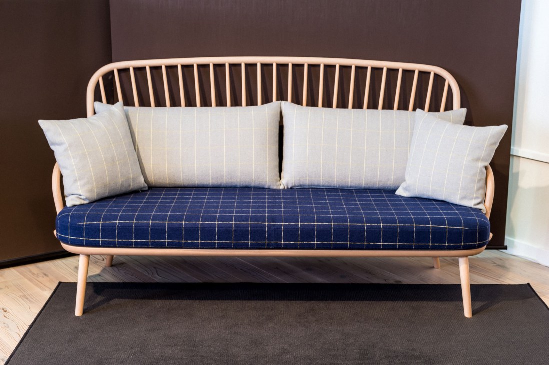 New Awase sofa in beech by Hisae Igarashi for Hida Sangyo, featuring a curved wooden frame with blue and cream striped cushions.