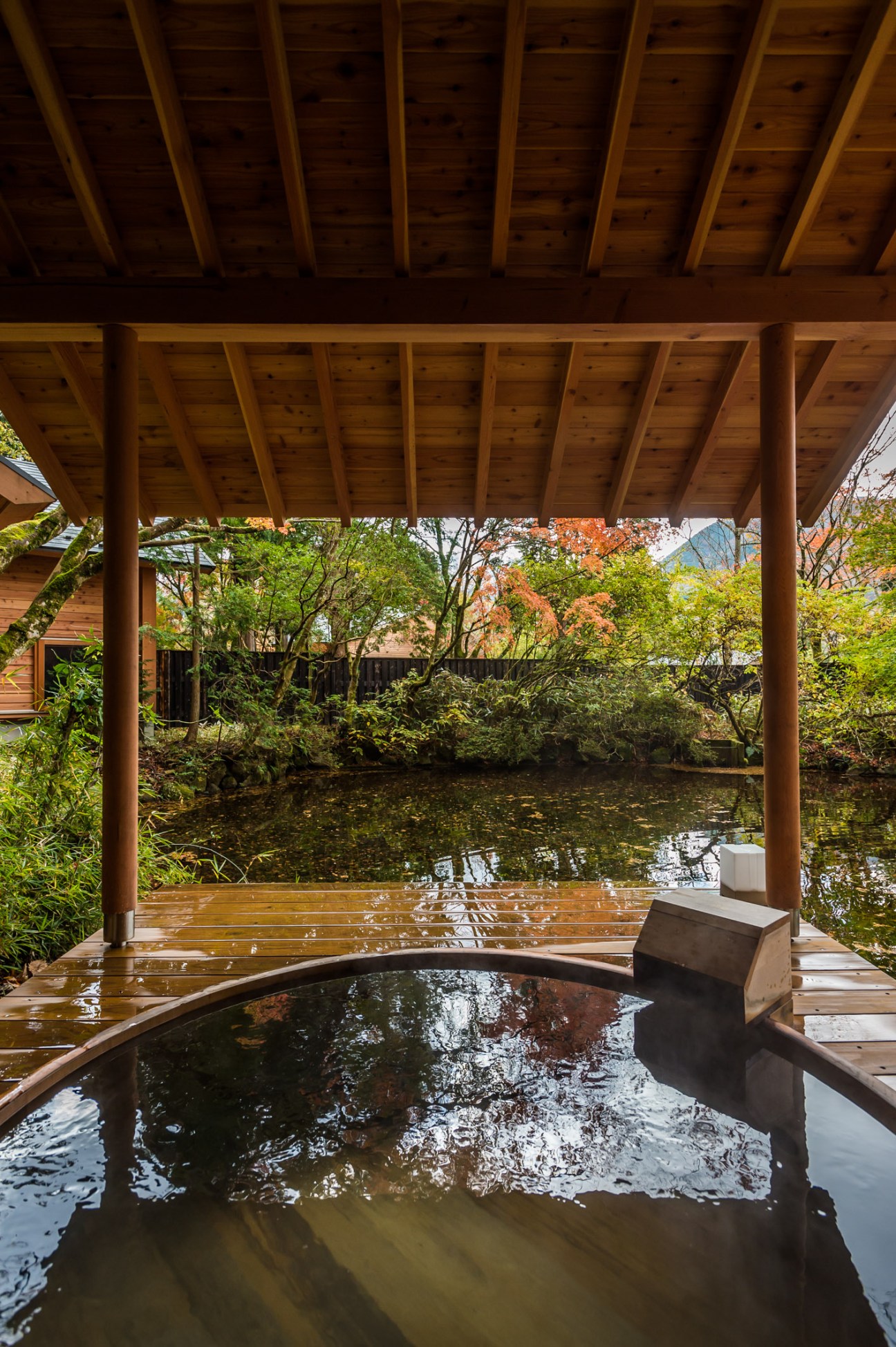 Open-air wooden bath on a terrace overlooking a pond surrounded by forest vegetation.