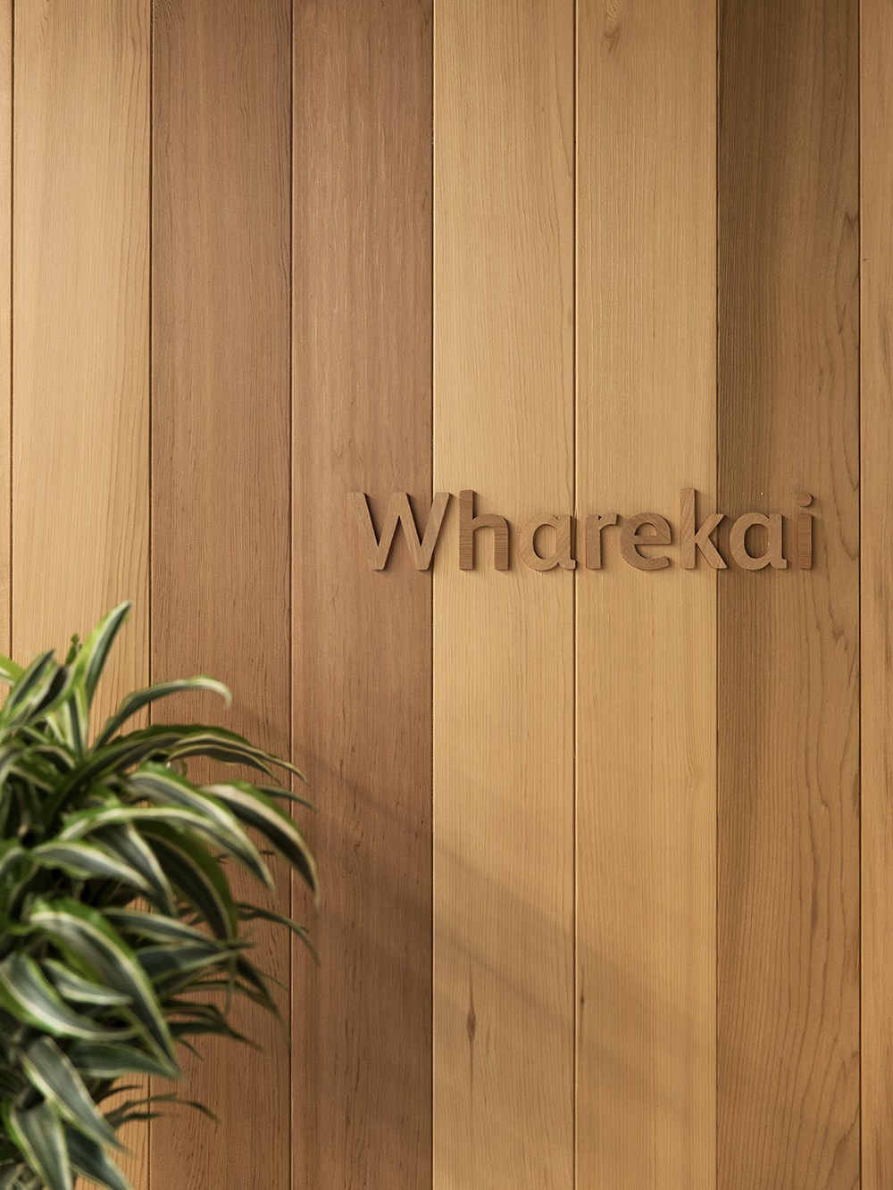Wooden wall with 'Wharekai' carved text and a potted plant visible at left edge.