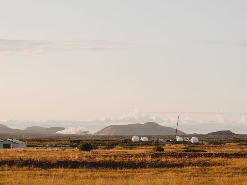 Radar domes and communications tower at Keflavík air base on Iceland's barren Reykjanes peninsula.