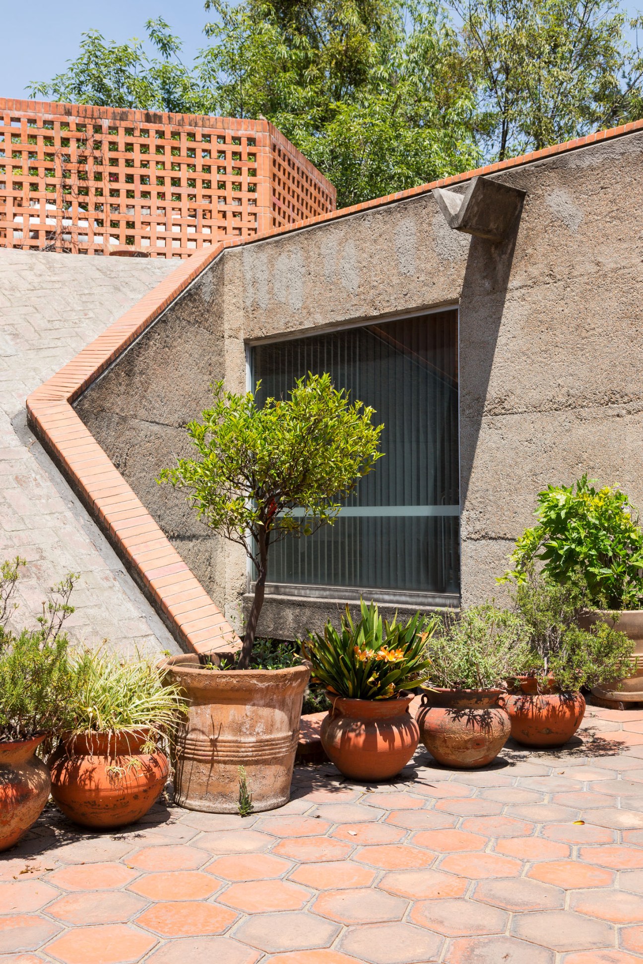 Exterior view of Ernesto Gallardo's modernist concrete home showing curved red-brick wall, dark entrance door, and potted plants.