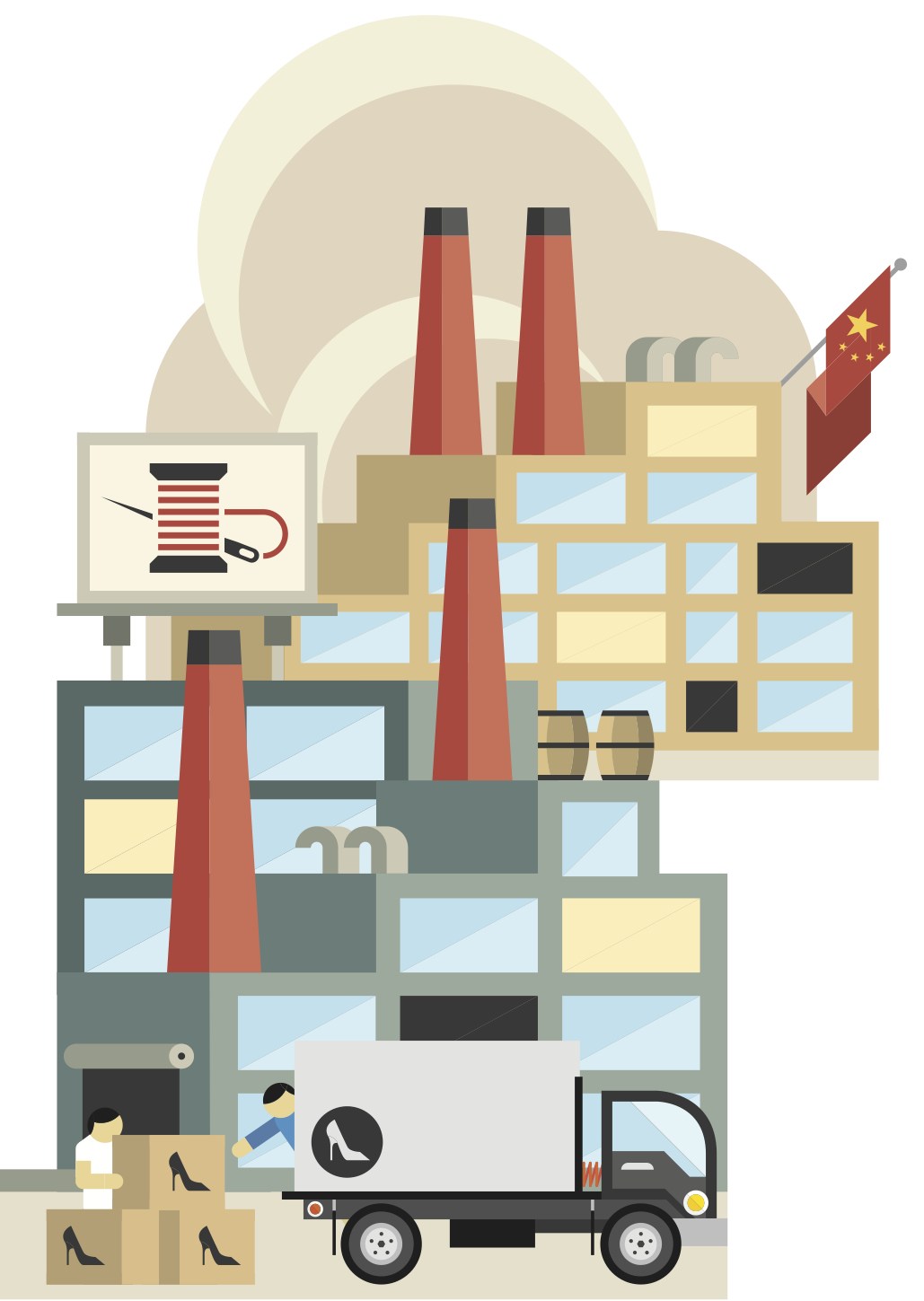 Illustration of a Chinese factory complex with smokestacks and Chinese flag, workers, and delivery truck outside.