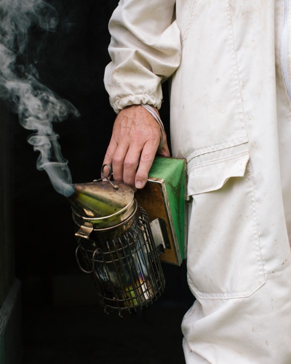 Person in white jacket holding a smoking bee-keeping equipment container with green lid.